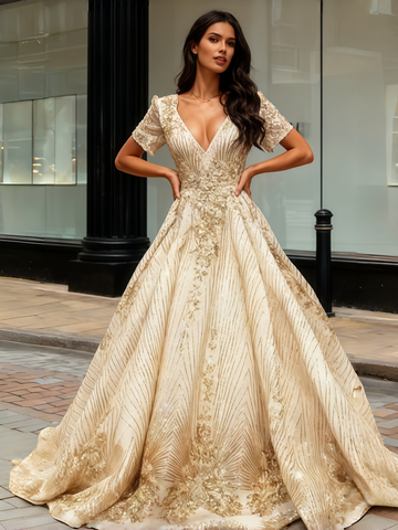 V Neck Tulle Sequin Gold Short Sleeve A Line Prom Dress Sassymyprom V Neck Tulle Sequin Gold Short Sleeve A Line Prom Dress Sassymyprom