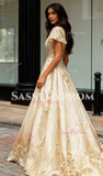 V Neck Tulle Sequin Gold Short Sleeve A Line Prom Dress