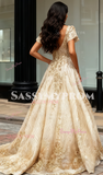V Neck Tulle Sequin Gold Short Sleeve A Line Prom Dress