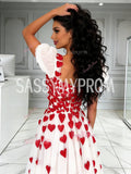 Red Heart Square Tulle Puffy Sleeve A Line Prom Dress