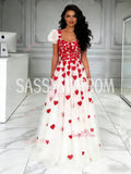 Red Heart Square Tulle Puffy Sleeve A Line Prom Dress