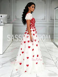 Red Heart Square Tulle Puffy Sleeve A Line Prom Dress