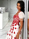 Red Heart Square Tulle Puffy Sleeve A Line Prom Dress