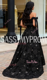 Black Floral Beading Off The Shoulder Prom Dress With Slit