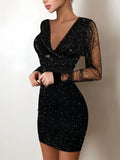 Black Long Sleeve Sequin Mesh Elegant Dress