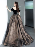 Satin Print A Line Black Off The Shoulder Prom Dress