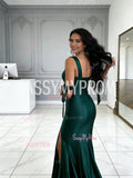 Dark Green Satin Trumpet Mermaid Tie Shoulder Prom Dress With Slit