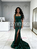Satin Trumpet Mermaid Tie Shoulder Dark Green Prom Dress With Slit