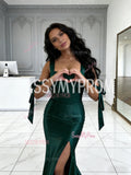 Dark Green Satin Trumpet Mermaid Tie Shoulder Prom Dress With Slit