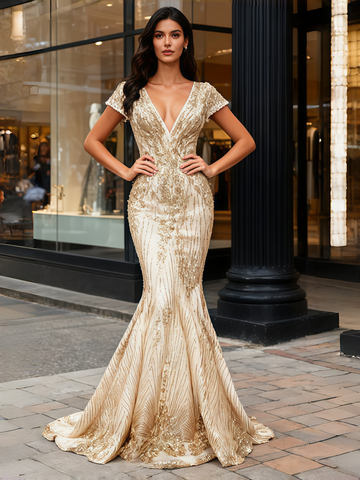 V Neck Trumpet Mermaid Tulle Short Sleeve Gold Sequin Prom Dress