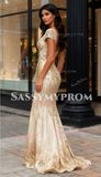 V Neck Trumpet Mermaid Tulle Short Sleeve Gold Sequin Prom Dress