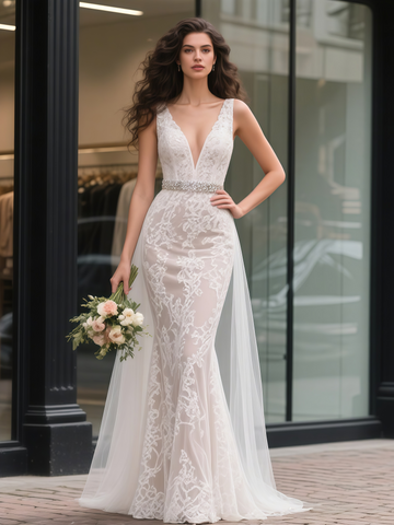 Beading Belt Trumpet Mermaid V Neck Lace Wedding Dress