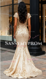 V Neck Trumpet Mermaid Tulle Short Sleeve Gold Sequin Prom Dress