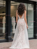 Beading Belt Trumpet Mermaid V Neck Lace Wedding Dress
