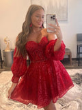 Sweetheart Sparkle Red Long Sleeve Homecoming Dress