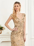 Skinny Sequined Cap Sleeve Gold Sheath Column  Party Dress