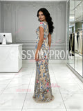 Scoop Lace Floral Trumpet Mermaid Long Sleeve Prom Dress