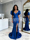 Royal Blue Trumpet Mermaid Puffy Sleeve Satin Prom Dress