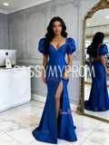 Royal Blue Trumpet Mermaid Puffy Sleeve Satin Prom Dress