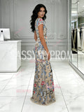 Scoop Lace Floral Trumpet Mermaid Long Sleeve Prom Dress