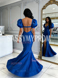 Royal Blue Trumpet Mermaid Puffy Sleeve Satin Prom Dress