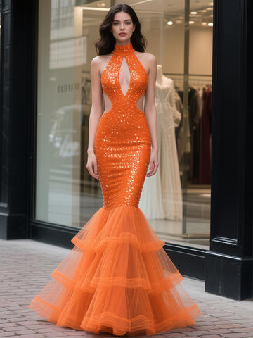 Trumpet Mermaid Tulle Cut Out Orange Sequin Prom Dress