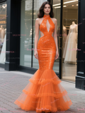 Trumpet Mermaid Tulle Cut Out Orange Sequin Prom Dress