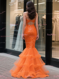 Trumpet Mermaid Tulle Cut Out Orange Sequin Prom Dress
