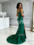 Trumpet Mermaid Green Satin Straps Prom Dress With Slit