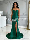Trumpet Mermaid Green Satin Straps Prom Dress With Slit