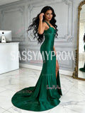 Trumpet Mermaid Green Satin Straps Prom Dress With Slit