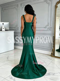 Trumpet Mermaid Green Satin Straps Prom Dress With Slit