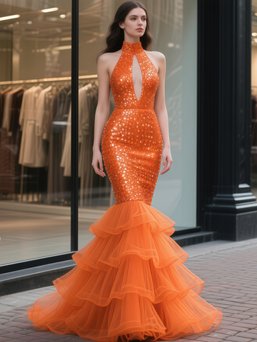 Keyhole Sequin High Neck Orange Trumpet Mermaid Prom Dress