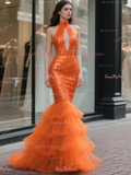 Keyhole Sequin High Neck Orange Trumpet Mermaid Prom Dress