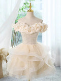 Ruffles Short Lace Up Champagne Tulle Homecoming Dress