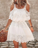Drawstring Waist White Lace Mini Dress