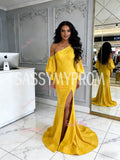 One Shoulder Long Sleeve Yellow Satin Sheath Column Prom Dress