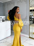 One Shoulder Long Sleeve Yellow Satin Sheath Column Prom Dress