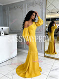 One Shoulder Long Sleeve Yellow Satin Sheath Column Prom Dress