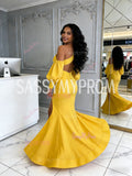 One Shoulder Long Sleeve Yellow Satin Sheath Column Prom Dress