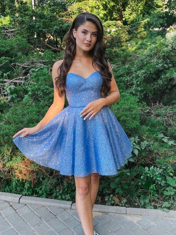 Sweetheart Short A Line Blue Sequin Homecoming Dress