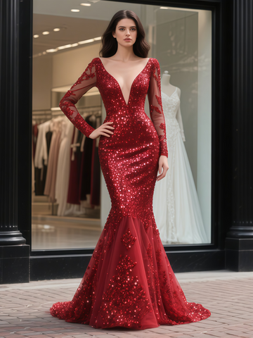 V Neck Sequin Red Long Sleeve Mermaid Prom Dress