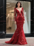 V Neck Sequin Red Long Sleeve Mermaid Prom Dress