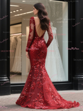 V Neck Sequin Red Long Sleeve Mermaid Prom Dress
