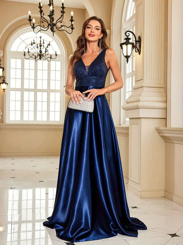 Navy Sequin V-neck Floor Length Wedding Party Dress