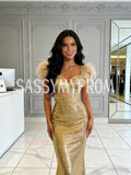 V Neck Trumpet Mermaid Gold Sequin Feather Prom Dress
