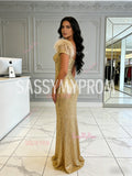 V Neck Trumpet Mermaid Gold Sequin Feather Prom Dress