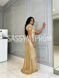 V Neck Trumpet Mermaid Gold Sequin Feather Prom Dress