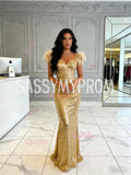 V Neck Trumpet Mermaid Gold Sequin Feather Prom Dress