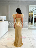 V Neck Trumpet Mermaid Gold Sequin Feather Prom Dress